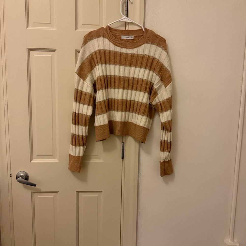 Mango Tan and Cream Striped Crew Neck Sweater